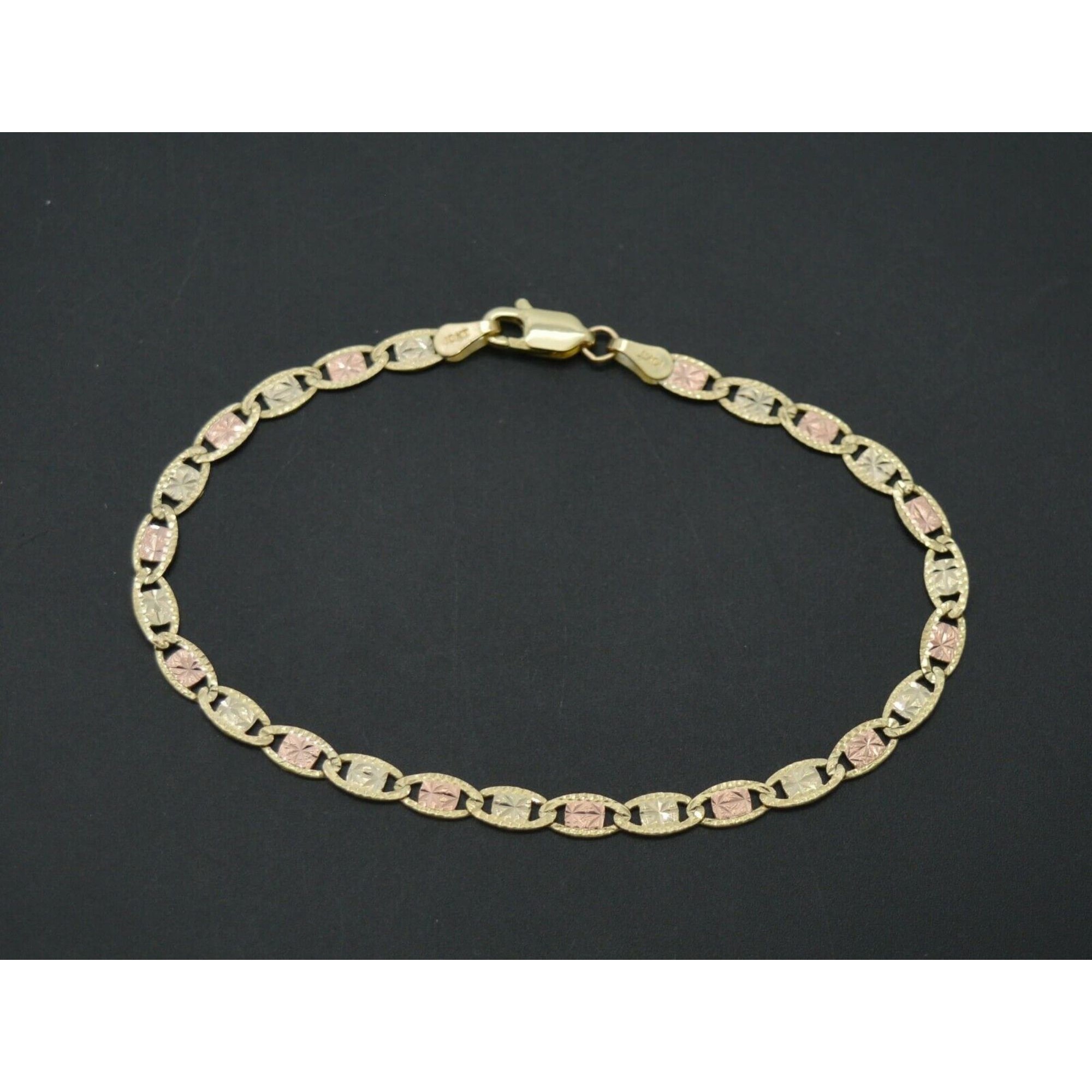 Real 10k Tri-Color Gold 3.5mm Valentino Link Diamond Cut Bracelet 7
